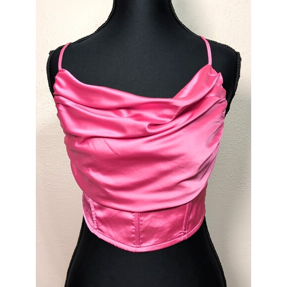 Women's Xsmall Satin Pink Cowl Neck Corset Crop Top Barbiecore Party Y2K - Picture 4 of 12